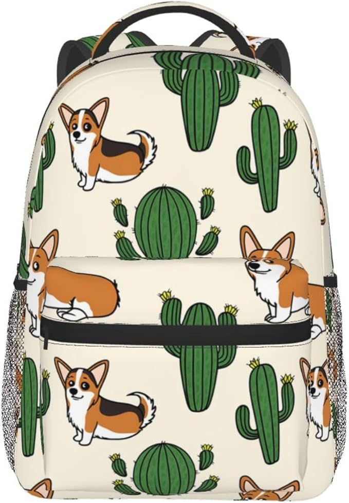 Daypack Backpack Anti-Theft Multipurpose Large Capacity Carry On Bag, Corgi Dog Cactus Traveling Camping Backpack With Side Pockets