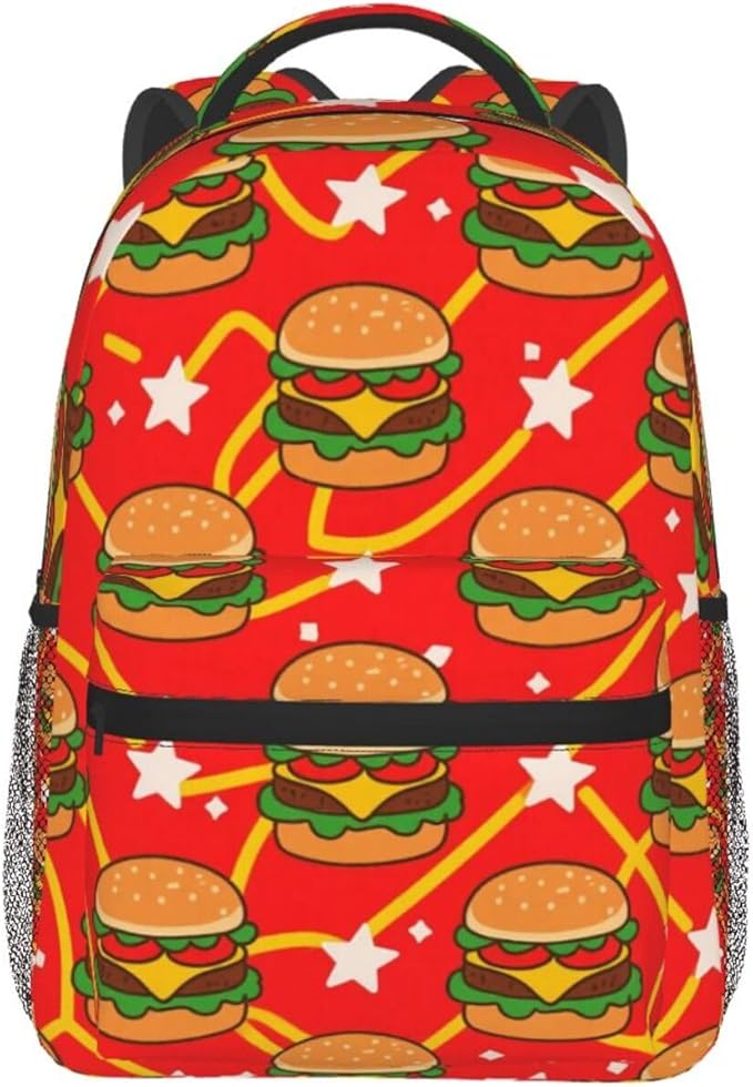 Women Men Polyester Red Hamburgers French Fries Casual Daypack Large Capacity Bookbag With Side Pockets for Sports Picnic Walking Cycling