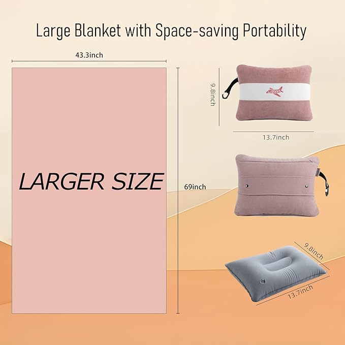 Melissa Large Travel Blanket and Inflatable Pillow Set - 69โ x 43.3โ โ Soft Blanket with Carry Bag โ Lightweight, Compact & Washable for Backpacking, Hiking, Airplane, Car, Office, Camping (Pink)