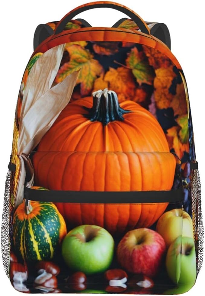 Shoulder Book Bags Anti-Theft Multipurpose Big Capacity Bookbag, Thanks Giving Pumpkin Corn Fruit Art Travel Hiking Backpack With Smooth Zippers