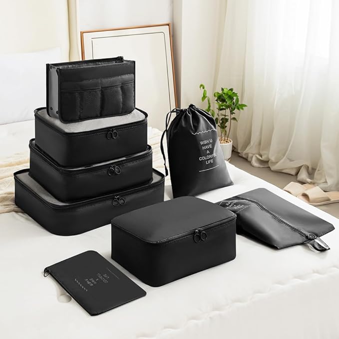 Packing Cubes for Travel - 8 PCS Compression Packing Organizers Set, Water-Resistant Luggage Organizers with Laundry Bag for Suitcase, Travel Bags Organizer for Efficient Packing (Black)