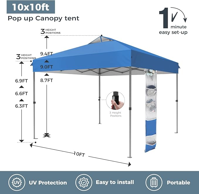 GREEN PARTY 10x10 ft Pop Up Canopy Tent, 1-Person Setup Instant Outdoor Canopy with Vented Top, Wheeled Carry Bag, 4 Ropes & 4 Sandbag -Blue