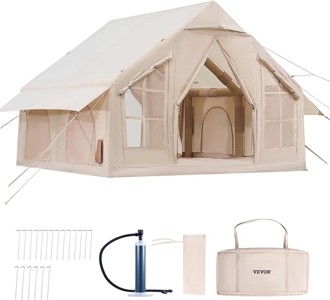 VEVOR Inflatable Tents for Camping, Easy Setup Blow up Tent with Hand Pump, 4 Season Glamping Tent with Stove Jack, Doors & Mesh Windows, Storage Bag Included for Easy Taking