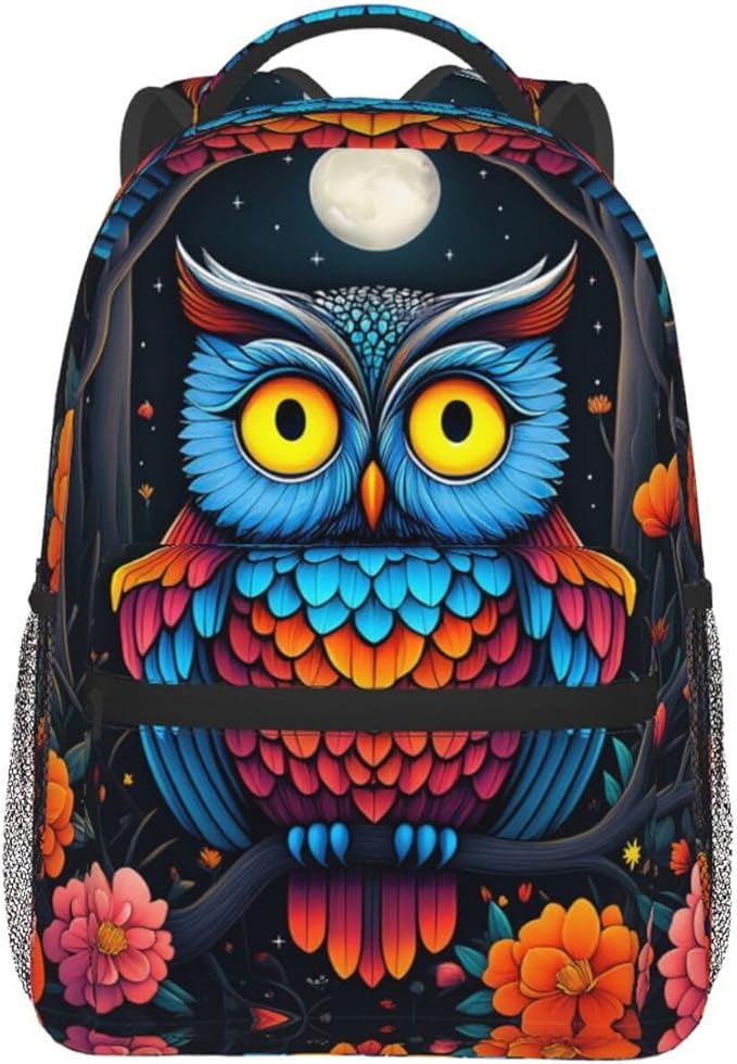 Polyester Daypack for Camping Travel Walking Cycling, Big Capacity Anti-Theft Multipurpose Bookbag, Trippy Owl Red Floral Moon Art Camping Outdoor Backpack