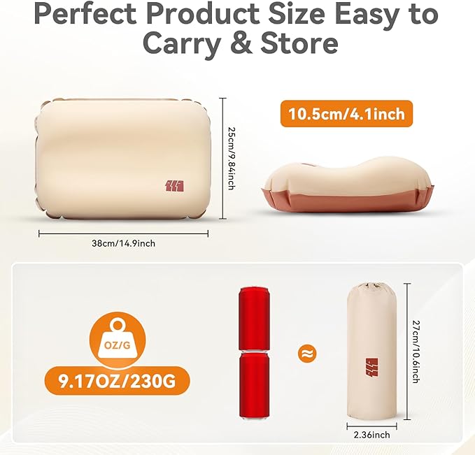 Camping Pillow with Memory Foam, Self-Inflating Portable Ultralight Inflatable Pillow for Neck Lumbar Support - Upgrade Backpacking Pillow Travel Air Pillows for Camping/Hiking/Backpacking (Khaki)