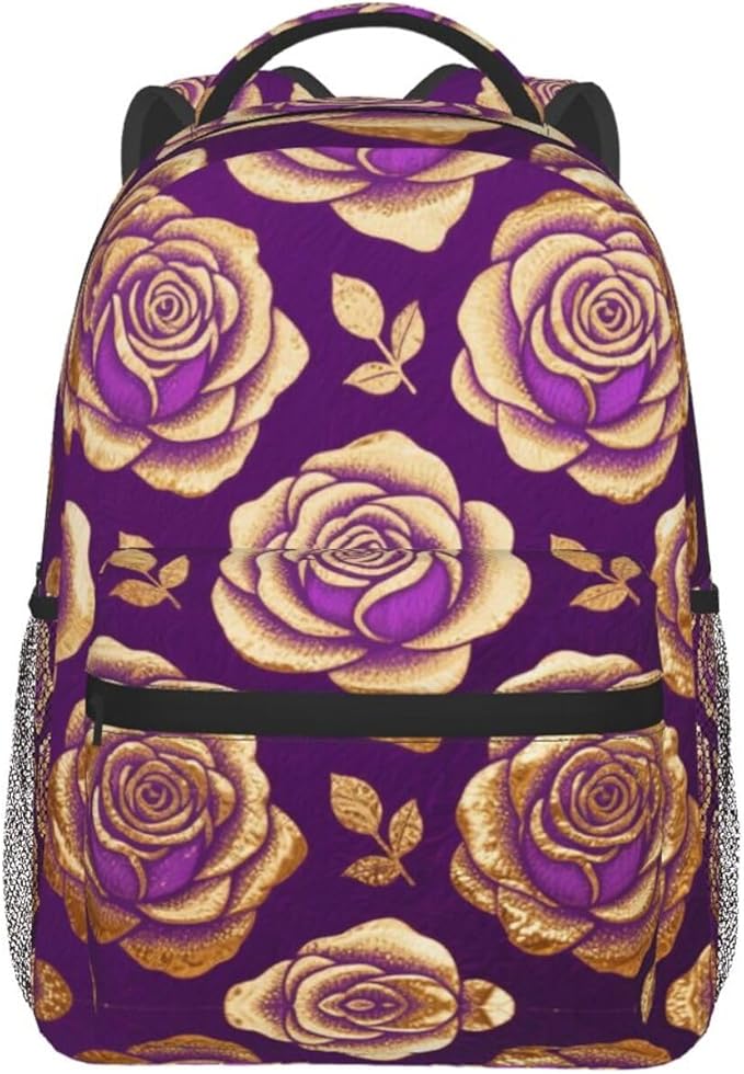 Rucksacks Multipurpose Anti-Theft Big Capacity Bookbag, Purple Gold Rose Art Travel Hiking Camping Rucksack With Padded Straps