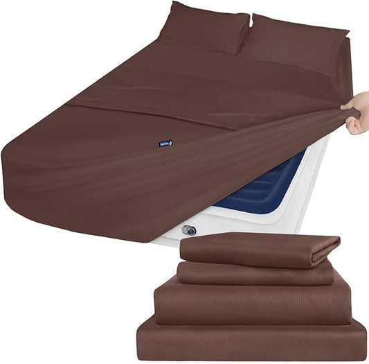 Air Mattress Queen Sheet Set - Deep Pocket 4 Piece Queen Size Sheet Set - Breathable & Fade Resistant Easy Fits 16in to 24in Pillow Top Bed Mattress - Brown