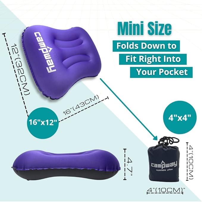 Inflatable Camping and Travel Pillows with Travel Bag- Water-Resistant-Compressible Air Pillow for Neck and Back Support-Packable Pillow for Camping-Hiking and Backpacking-Pack of 2-Purple