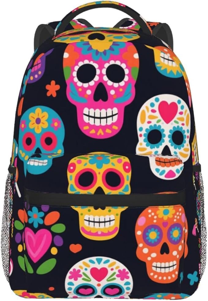 Shoulder Book Bags Anti-Theft Multipurpose Big Capacity Bookbag, Mexican Sugar Skulls Travel Hiking Backpack With Smooth Zippers