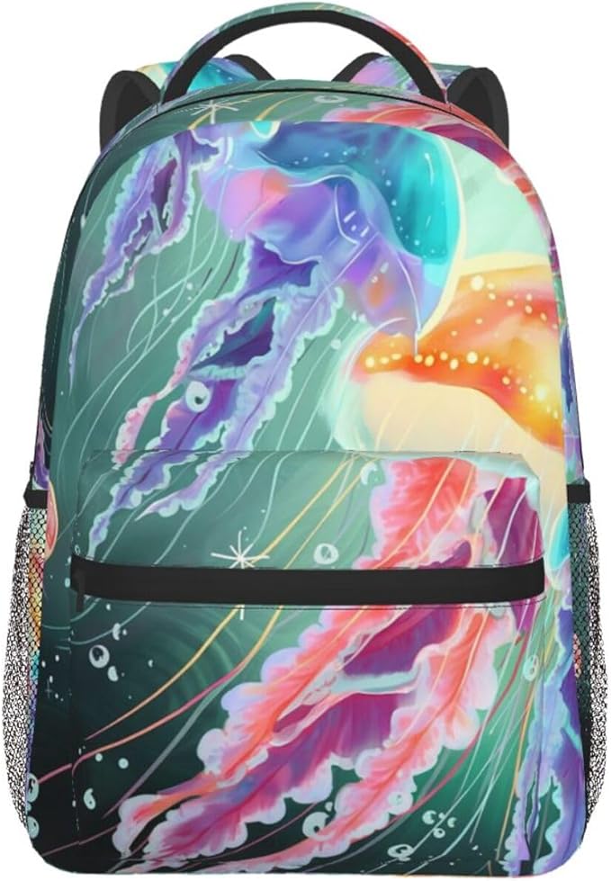 Polyester Daypack Backpack for Trekking Picnic Walking Cycling, Large Capacity Anti-Theft Multipurpose Shoulder Bag, Cartoon Under Sea Ocean Jellyfish Casual Daypack