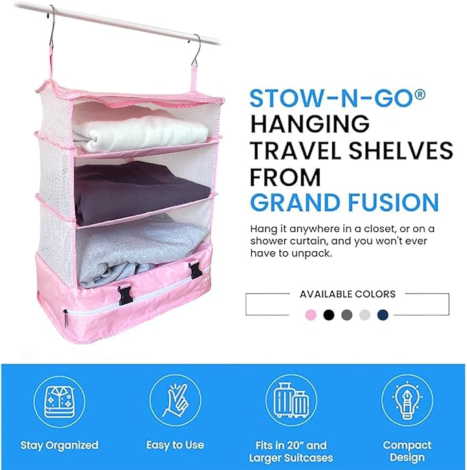 Grand Fusion Stow-N-Go Packing Organizer for Luggage, Portable Hanging Travel Shelves, Carry-On Closet, Hanging Packing Cubes, Collapsible Carry-On Organizer for Cruises & Hotels Pink - XL