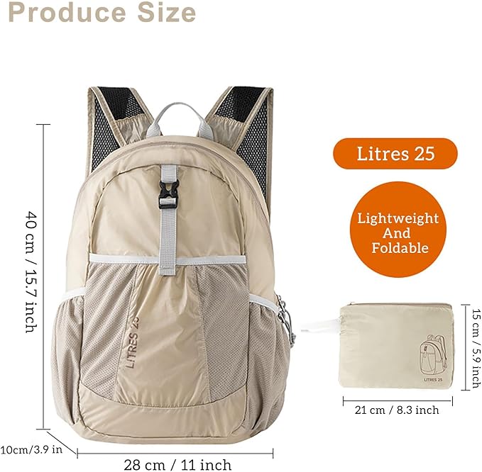 25L Lightweight Foldable Shoulder Backpack Splash Proof Outdoor Sports Daypack Travel Camping Hiking Bag For Men Women (Khaki)