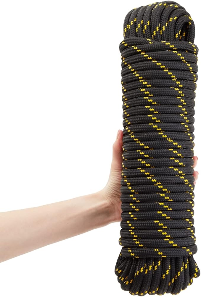 Diamond Braided Rope - 1/2 in x 100 ft, Black & Yellow - Polyester Heavy Duty Rope for Camping, Outdoor Gear & Emergency Tent Setup