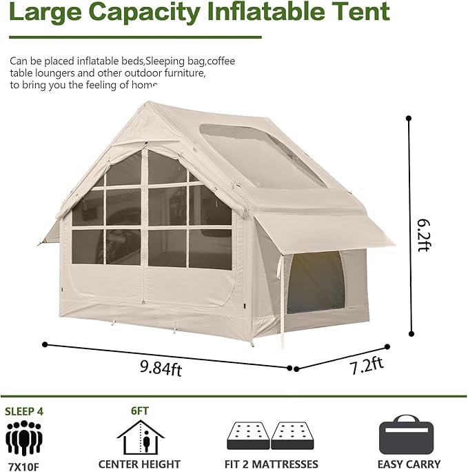 Inflatable Camping Tent,2/4/6/8 Person Glamping Inflatable Tents with Awning, Quick Setup Blow Up Tents with Pump, Waterproof Oxford Inflatable House for Camping, Air Glamping Hot Tents for Adult
