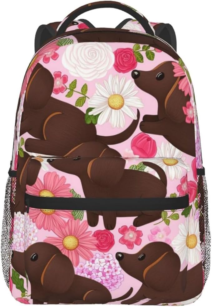 Daypack Bookbag Anti-Theft Multipurpose Large Capacity Bookbag, Golden Retriever Dog Pink Flower Travel Hiking Camping Rucksack With Adjustable Shoulder Straps