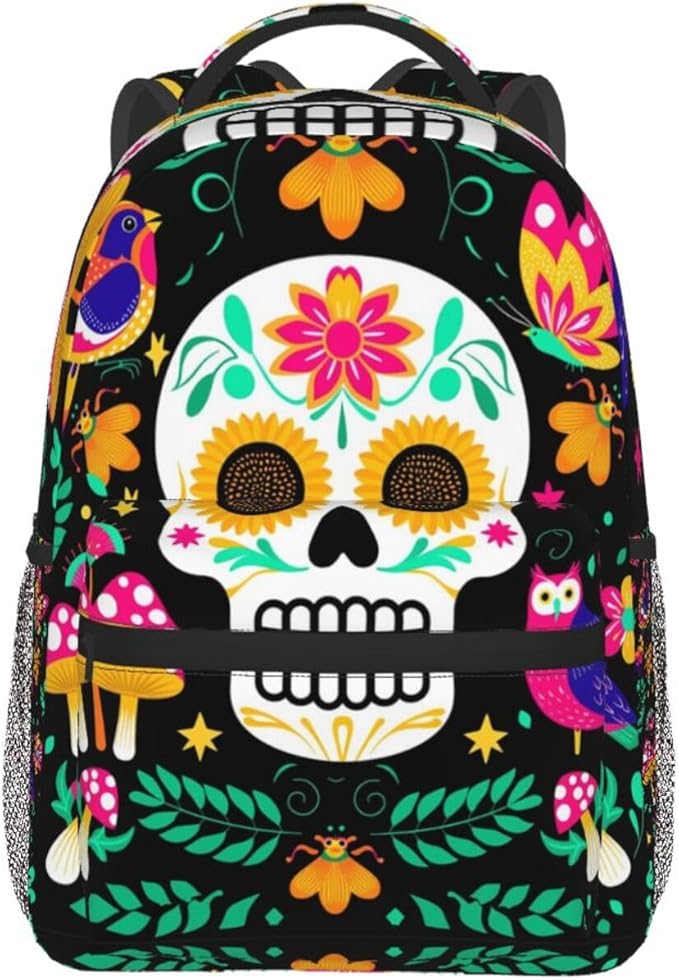 Shoulder Book Bags Polyester Multipurpose Anti-Theft Colorful Floral Sugar Skull Bird Art Carry On Bag Large Capacity Travel Hiking Camping Rucksack