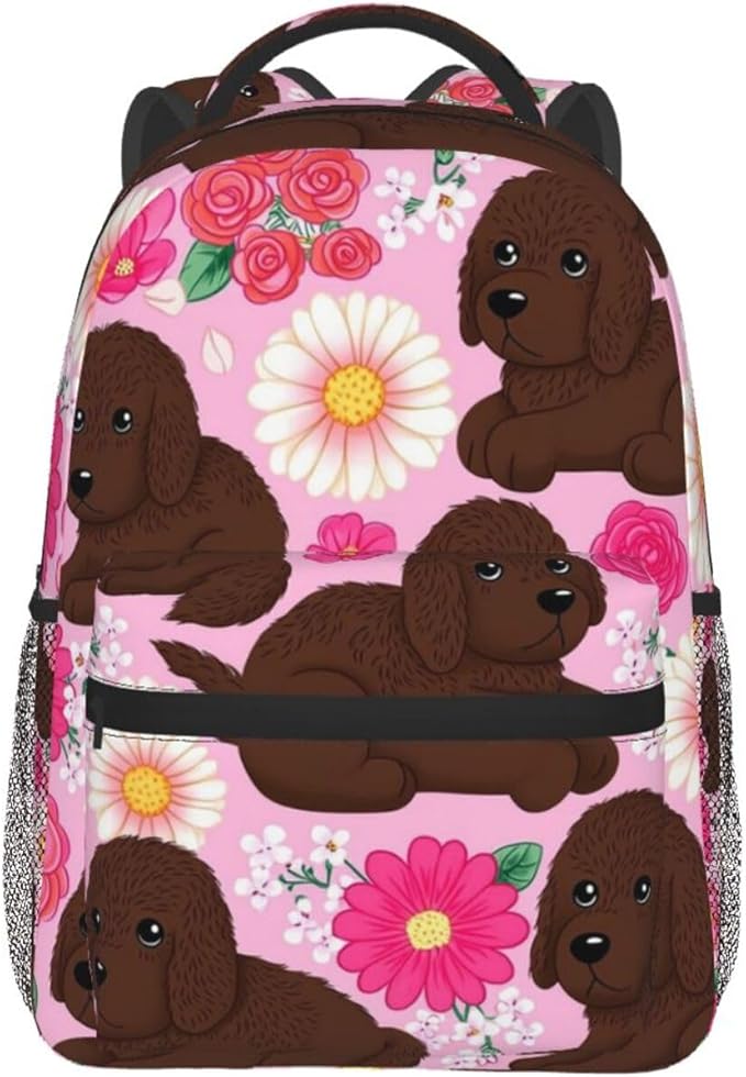 Lightweight Daypack Bookbag for Trekking Business Walking Cycling, Big Capacity Anti-Theft Multipurpose Carry On Bag, Golden Retriever Dog Pink Flower Business Computer Bag