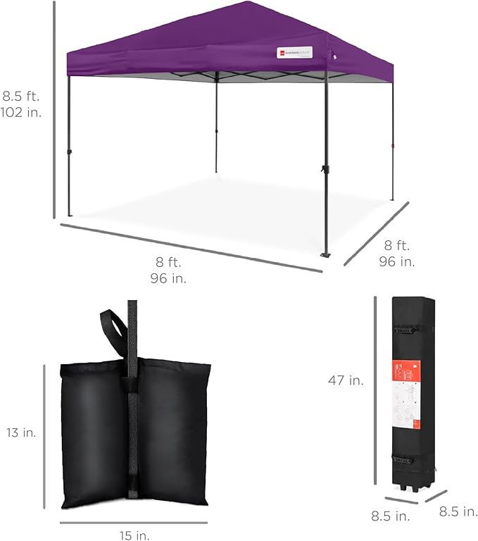 Best Choice Products 8x8ft Pop Up Canopy Tent, Outdoor Shade, 1 Person 1 Minute Set Up, Carry Case, 4 Weight Bags - Amethyst Purple