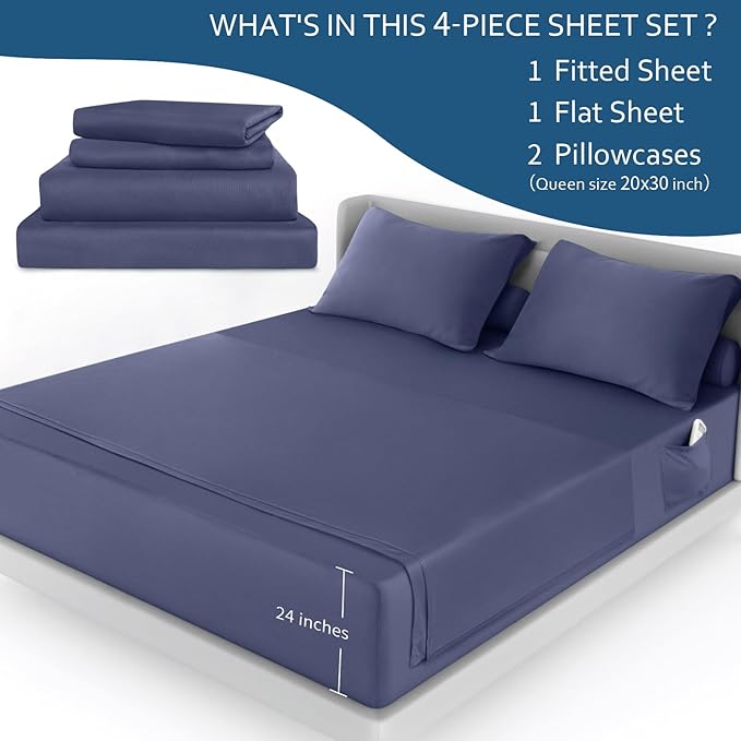 Air Mattress Queen Sheet Set - Deep Pocket 4 Piece Queen Size Sheet Set - Breathable & Fade Resistant Easy Fits 16in to 24in Pillow Top Bed Mattress - Navy Blue