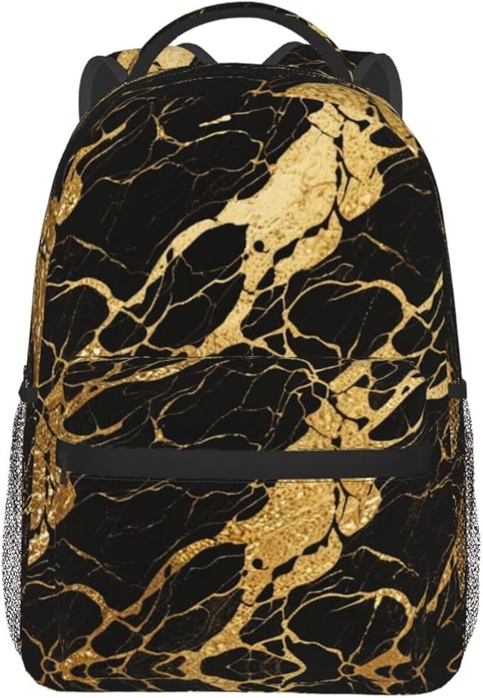 Men Women Lightweight Black Marble Gold Texture Art Casual Daypack Large Capacity Bookbag With Adjustable Shoulder Straps for Gym Business Bicycle