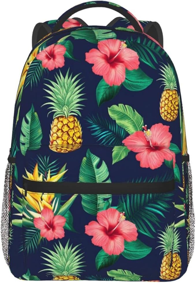 Rucksack Anti-Theft Multipurpose Big Capacity Carry On Bag, Hawaiian Flower Party Pineapple Art Traveling Camping Backpack With Side Pockets