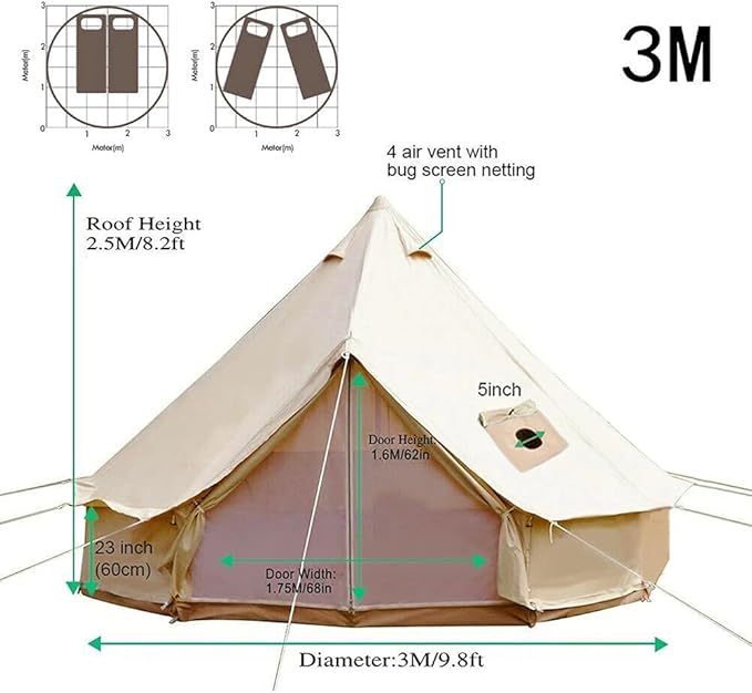 Tents Heavy Duty Waterproof 4 Season Luxury Outdoor Canvas Bell Tent W/Stove Jack for 6/8 Person Family Camping All Seasons Breathable Cotton Canvas Yurt Tent