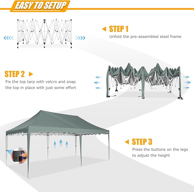 HOTEEL 10x20 Pop Up Canopy, Outdoor Easy Setup Party Tent, Waterproof Portable Enclosed Event Shelter with Wheeled Bag, Weight Bag for Backyard, Vendor, Grey Green