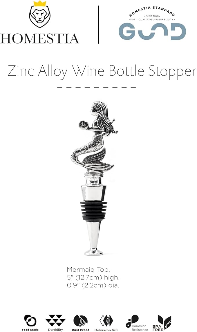 Homestia Wine Stoppers for Wine Bottles, Mermaid Wine Beverage Bottle Stopper, Stainless Steel Reusable Wine Corks with Silicone Seal, Bottle Cover Leak proof Keep Fresh