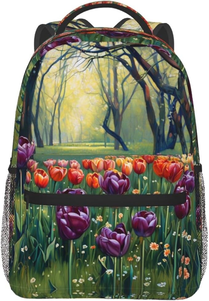 Adults Lightweight Colorful Sea Of Tulips Art Rucksacks Large Capacity Bookbag With Adjustable Shoulder Straps for Trekking Outdoors Bicycle