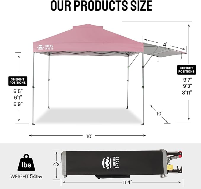 CROWN SHADES 10x10 Pop up Canopy Tent, Instant Commercial Canopy with Extend Awning, Patended Centerlock, 150D Silver Coated Fabric, 4 Ropes, 8 Stakes, 4 Weight Bags, STO 'N Go Bag, Pink