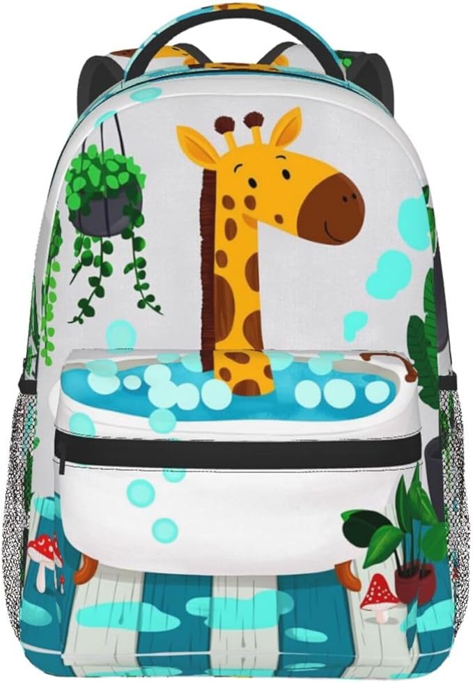 Backpack Polyester Anti-Theft Multipurpose Cute Bathtub Giraffe Art Bookbag Large Capacity Laptop Book Bag Rucksack With Side Pockets