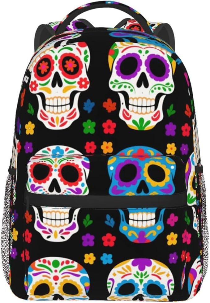 Men Women Polyester Dead Sugar Skull Backpack Large Capacity Bookbag With Smooth Zippers for Climbing Picnic Bicycle