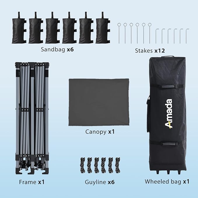 Amada 20x10 Pop Up Canopy - Center Lock One Push Instant Setup Gazebo Outdoor Canopy Beach Tent with STO-N-Go Bag 8 Stakes & 4 Sand Bags, 3-Height Adjustable Shade Shelter (20x10ft, Grey)