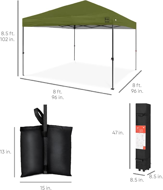 Best Choice Products 8x8ft Pop Up Canopy Tent, Outdoor Shade, 1 Person 1 Minute Set Up, Carry Case, 4 Weight Bags - Olive Green