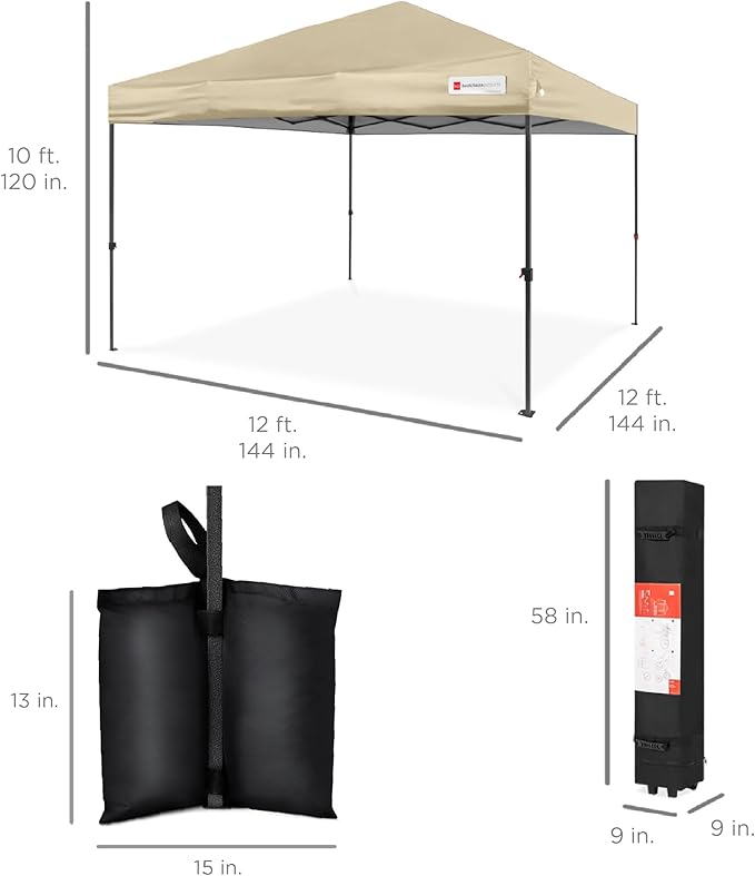 Best Choice Products 12x12ft Pop Up Canopy Tent, Outdoor Shade, 1 Person 1 Minute Set Up, Carry Case, 4 Weight Bags - Sand