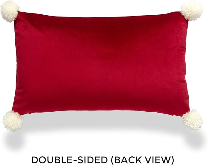 Hofdeco Premium Christmas Holiday Winter Soft Velvet Decorative Lumbar Pillow Cover ONLY for Couch, Sofa, Bed, Wide Striped with Pom poms, Red, 12"x20"