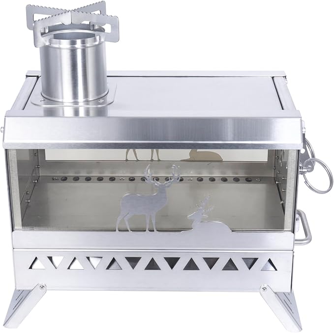 Outdoor Camping Tent Stove Portable Stainless Steel with Chimney Barbecue Net for Outdoor Cooking BBQ Heating & Fishing(Large)