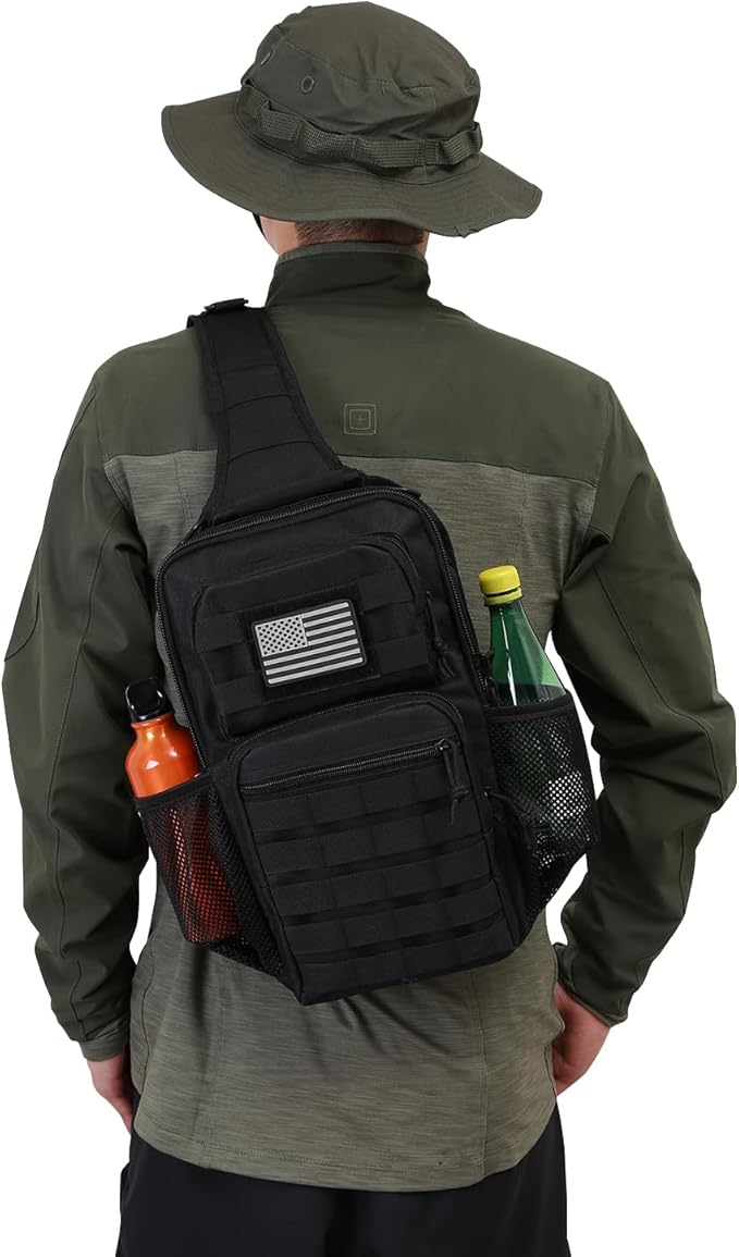 Rover Sling Pack Tactical Shoulder Sling Bag Backpack with Bottle Holder Crossbody Chest Bag, Black with Grey Patch
