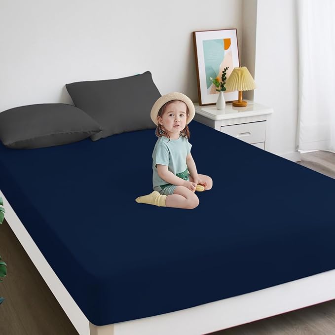 Biloban Twin Fitted Sheet 2 Pack, Twin Bedding Fitted Sheets Only with Deep Pocket up to 14", Bottom Sheet, Shrinkage & Stain Resistant Fitted Bed Sheets, Wrinkle Free & Easy Care, Navy Blue
