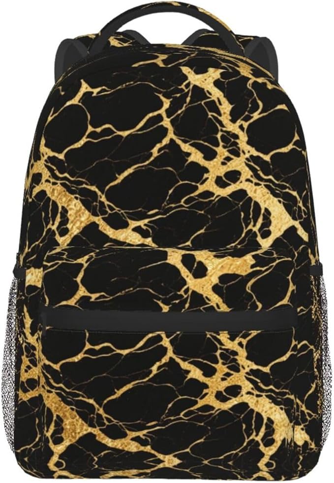 Backpack Anti-Theft Multipurpose Large Capacity Carry On Bag, Black Marble Gold Texture Art Camping Outdoor Backpack With Side Pockets