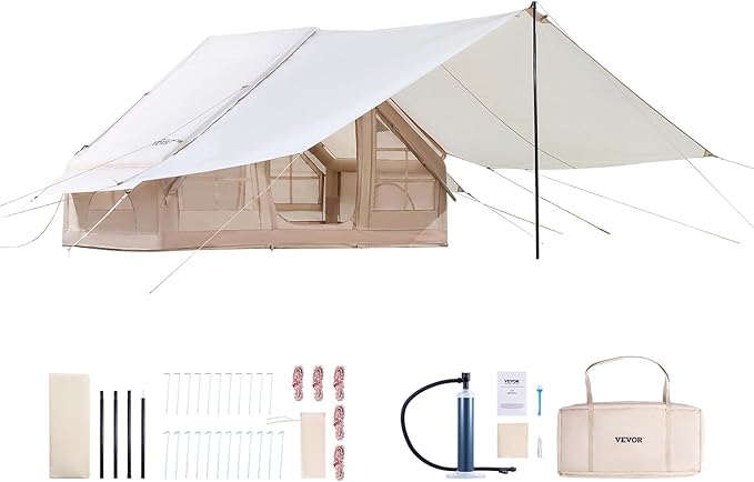 VEVOR Inflatable Tents for Camping, Easy Setup Blow up Tent with Hand Pump, 4 Season Glamping Tent with Stove Jack, Doors & Mesh Windows, Storage Bag Included for Easy Taking