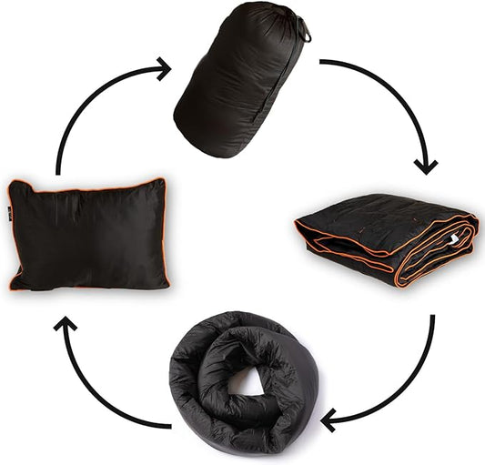 NAPRO Ripstop Outdoor Camping Pillow 3-in-1, Versatile Lightweight Nylon Waterproof Stadium Blanket, Ultralight Backpacking Essentials, Travel Set - Black and Orange