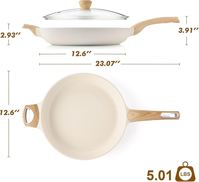 SENSARTE Ceramic Nonstick Frying Pan Skillet with Lid 12.5Inch Large Non Stick Non-toxic Healthy Kitchen Cooking Chef's Pan, Free of Intentionally Added PFOA/PFAS/PTFE, Induction Compatible, White