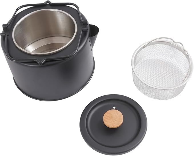 Camping Kettle, Stainless Steel Portable Coffee Tea Pot with Anti-Scald Handles, 35.2oz Capacity for Outdoor Camping Hiking Picnics (Black)