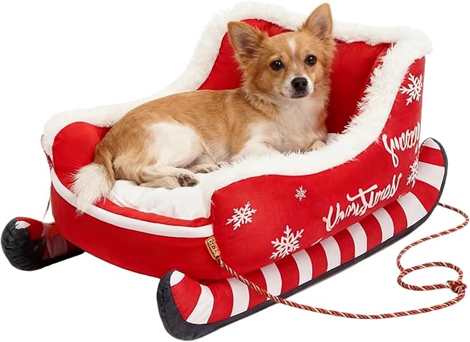 Christmas Sleigh Dog Cat Beds, Christmas Themed Pet Sleigh Bed, Festive Insulated Nest for Winter Holiday Puppy Animal Calming Sleeping Kitten Cold Weather Nights Indoor Rest