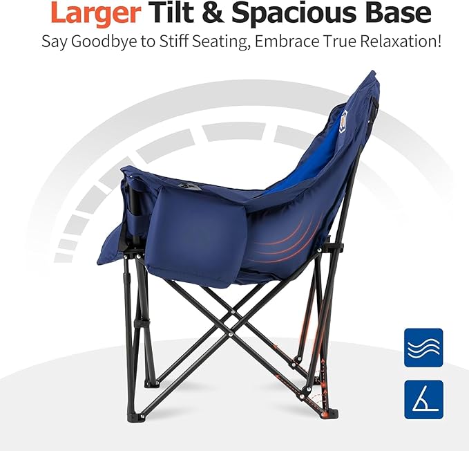 Overmont Oversized XL Camping Chair for Adults - 400lbs Support Heavy-Duty Padded Folding Chair with Side Pocket Cup Holder Cooling Bag for Outdoor Sports Garden Beach Fishing Lawn Blue 2pcs