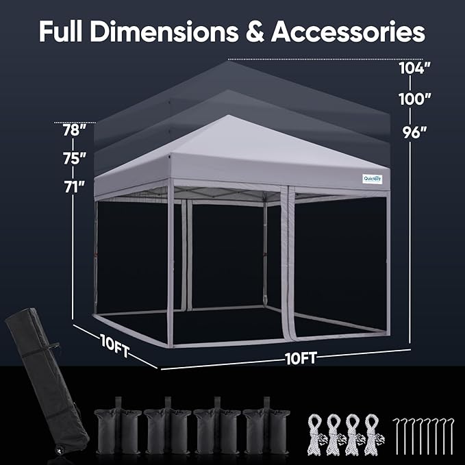 Quictent 10'x10’ Pop up Screened Canopy Tent with Mosquito Netting, Portable Easy up Outdoor Screen House Shelter for Patio, Camping and Picnic, Includes Wheeled Carry Bag