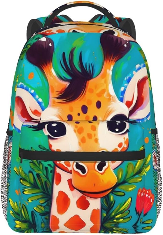 Polyester Daypack for Camping Travel Walking Cycling, Big Capacity Anti-Theft Multipurpose Bookbag, Cartoon Giraffe Watercolor Cute Art Camping Outdoor Backpack
