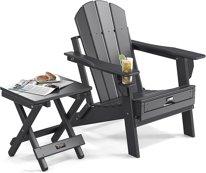 VINGLI Small Folding HDPE Side Table, Plastic Waterproof Portable Adirondack Coffee End Tables, All Weather for Patio, Backyard, Pool, Indoor Use, Black