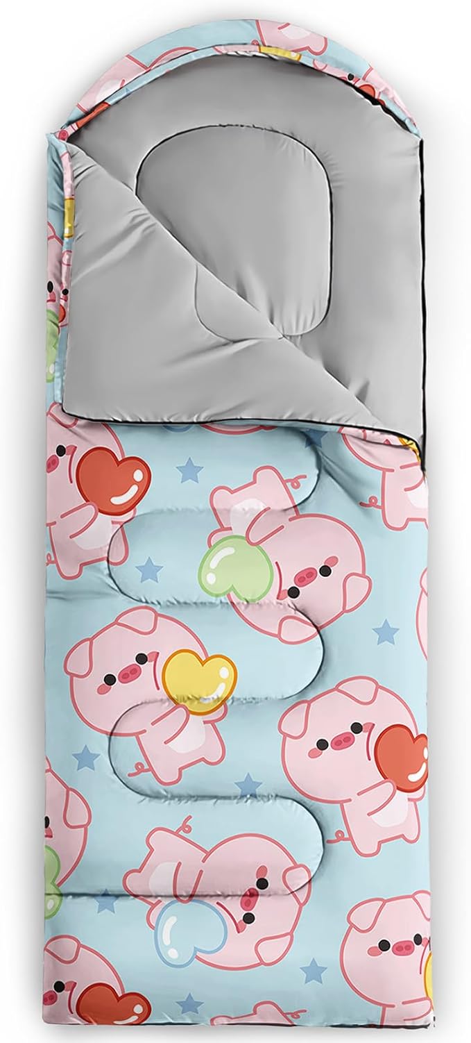 AILONEN Kawaii Puppy Sleeping Bag for Kids Boys Girls,Warm and Cool Weather,Lightweight,Waterproof Backpacking,Cartoon Cute Dog & Duck Animal Themed Blue Sleeping Bag for Camping
